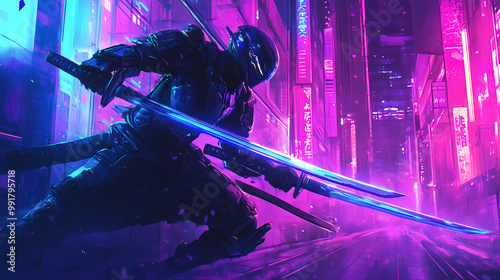 Dynamic cyber samurai duel in neon-lit alley with futuristic armor and swords. Samurai Duel. Illustration photo