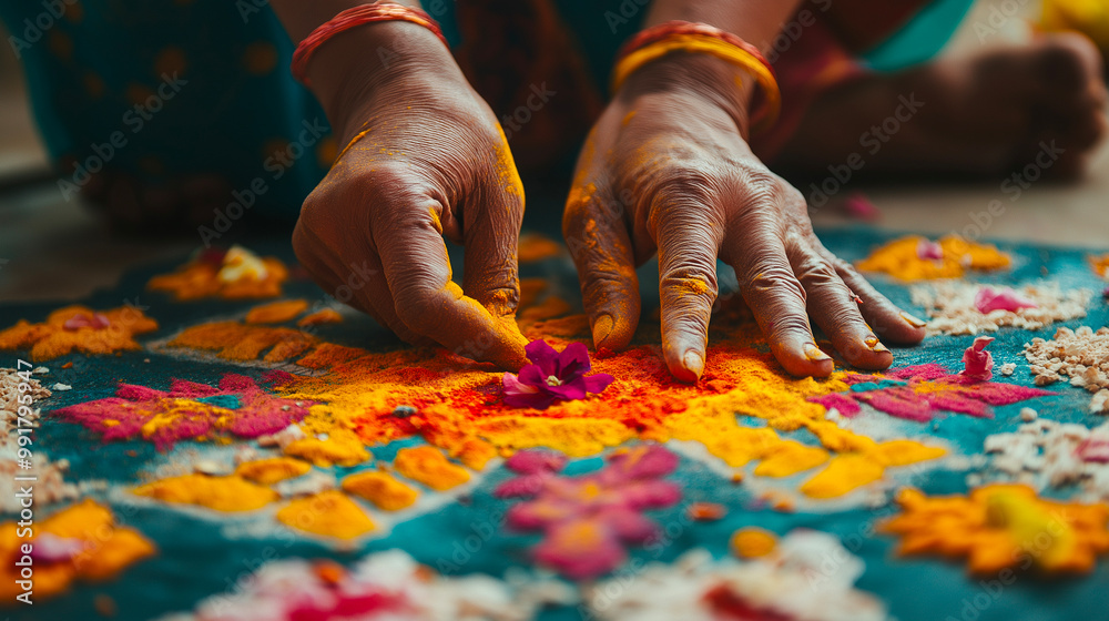 Close-up of hands crafting intricate rangoli patterns with colored powders and flower petals, showcasing the art and cultural significance of this Diwali tradition Close-up of hands crafting intricate rangoli patterns with colored powders and flower petals, showcasing the art and cultural significance of this Diwali tradition