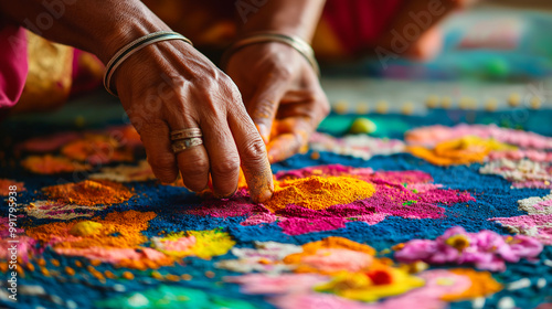 Close-up of hands crafting intricate rangoli patterns with colored powders and flower petals, showcasing the art and cultural significance of this Diwali tradition