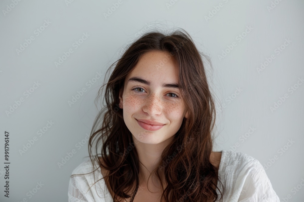 Fototapeta premium Beautiful brunette woman with dark brown hair, wellness and beauty on white background.