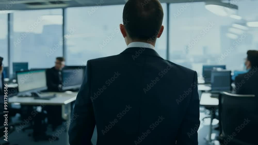 A businessman in a suit approaches a busy office filled with co-workers at their desks. Numerous computer screens display data, and employees are engaged in various tasks A businessman in a suit approaches a busy office filled with co-workers at their desks. Numerous computer screens display data, and employees are engaged in various tasks