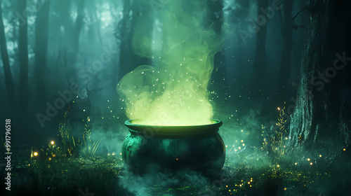 Enchanted green cauldron brewing magical potion in eerie forest setting with glowing smoke, fantasy and halloween themed stock photo. Magic Potion. Illustration