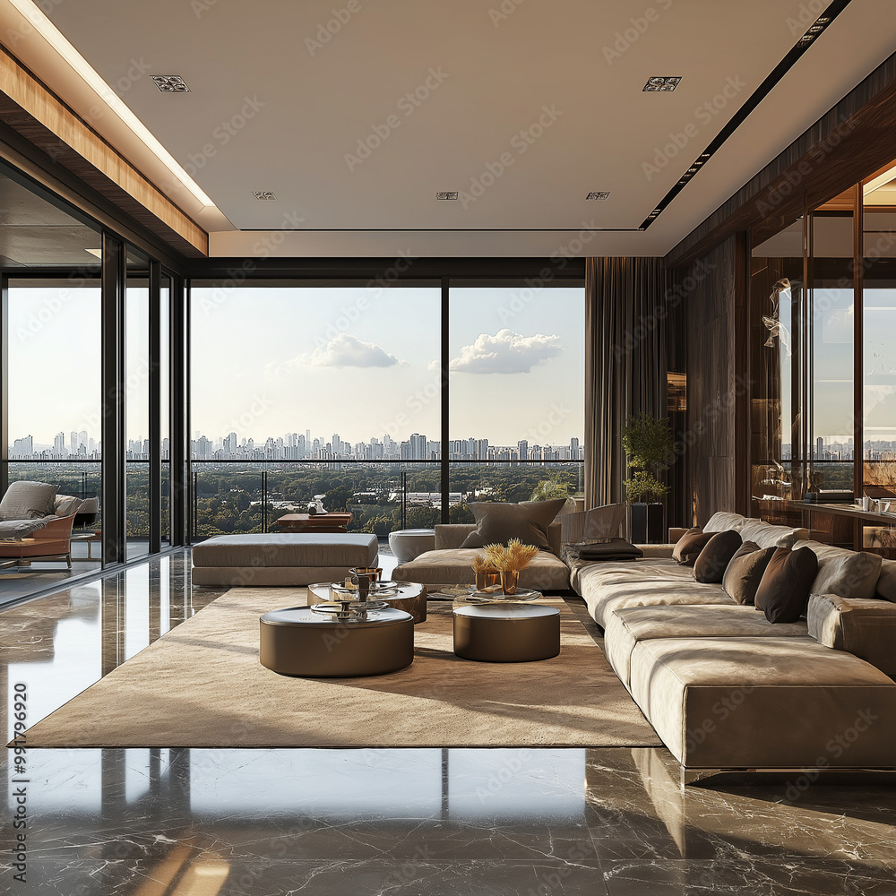 Fototapeta premium Elegant luxury penthouse living room with panoramic city view and modern decor