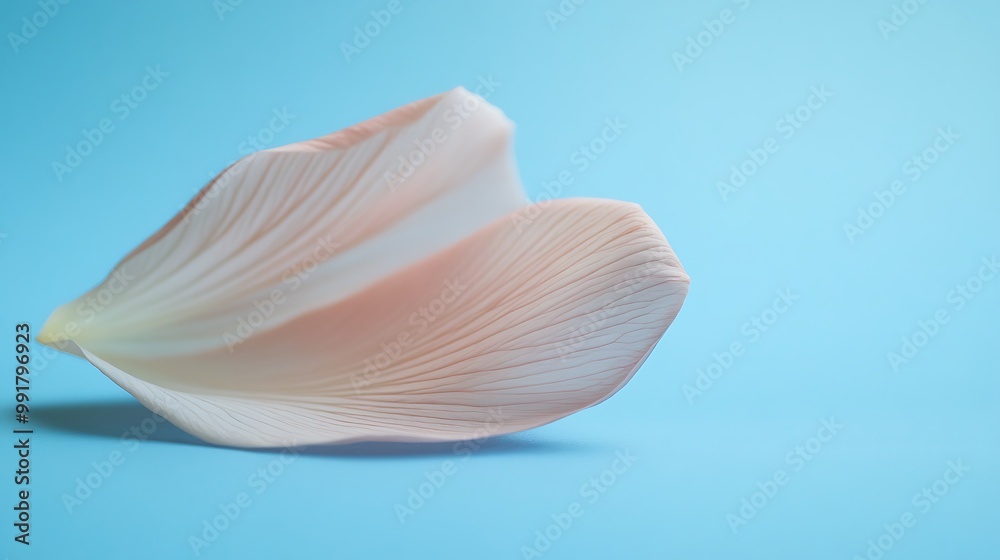 A single delicate pink flower petal isolated on a light blue background. A single delicate pink flower petal isolated on a light blue background.