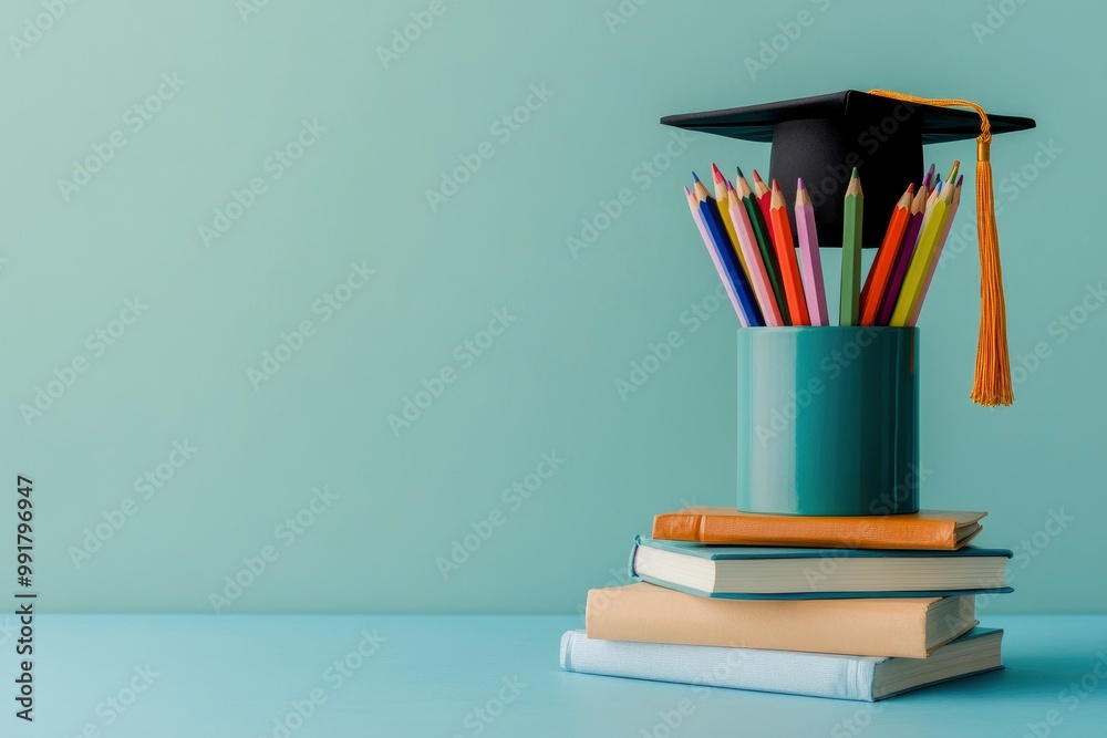 Graduation day.A mortarboard and graduation scroll on stack of books with pencils color in a pencil case on blue background.Education learning concept geneative ai Graduation day.A mortarboard and graduation scroll on stack of books with pencils color in a pencil case on blue background.Education learning concept geneative ai