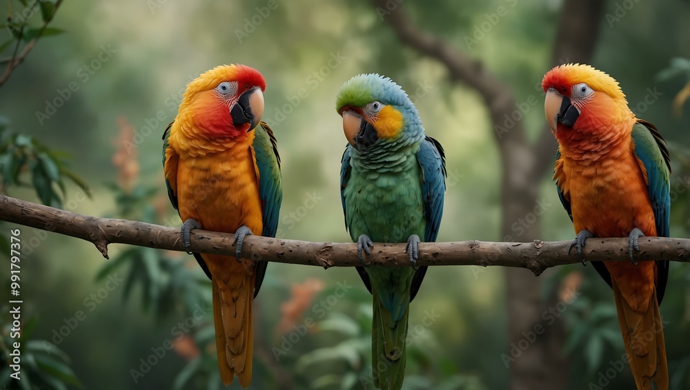 Six colorful parrots perched on a branch with a soft backdrop. Six colorful parrots perched on a branch with a soft backdrop.