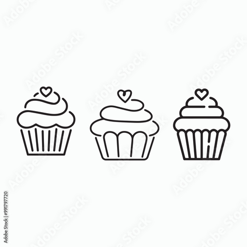 A collection of Valentine's Day cupcake dessert line art vector icons.