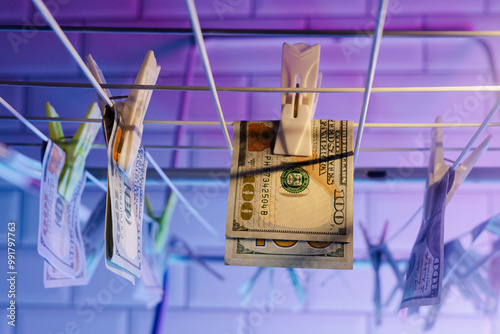Illegal dirty grey money drying on a drying rack in the bathroom. Money laundering for illegal business in criminal world. US dollar bills in storage, anonymity and illegality