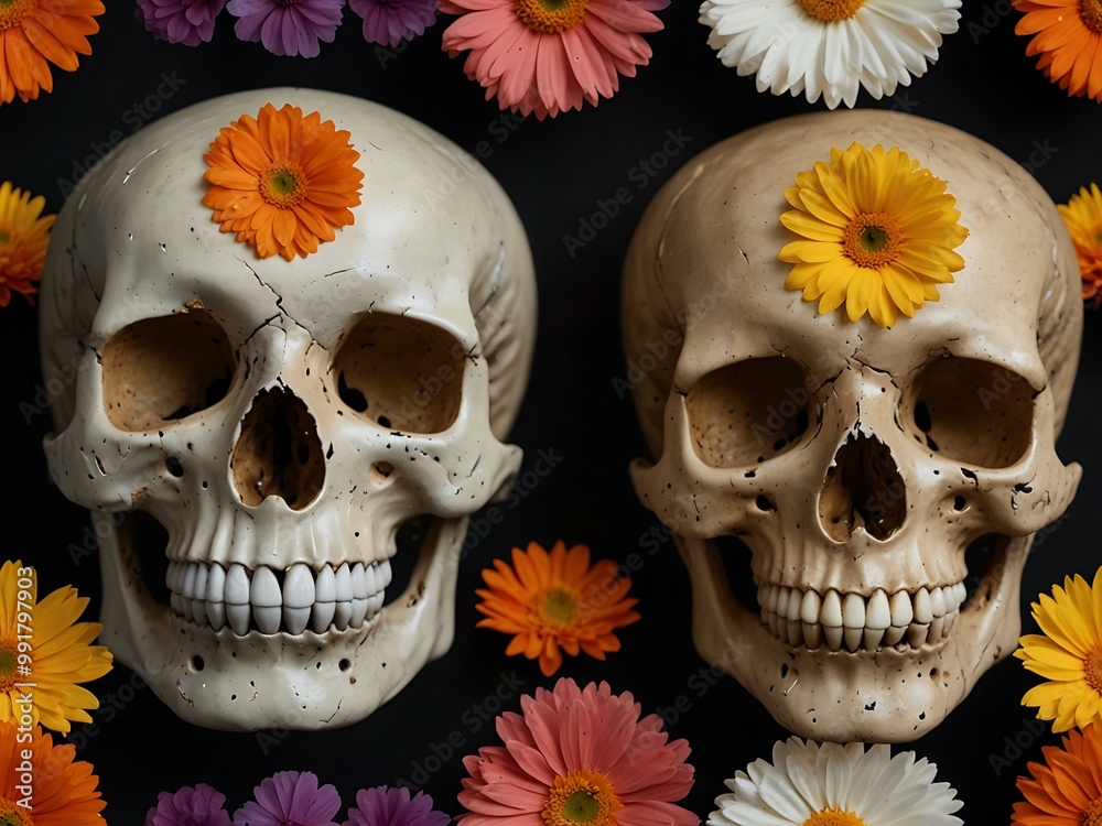 Skull with a flower on its forehead for Halloween themes. Skull with a flower on its forehead for Halloween themes.