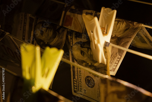 Illegal dirty grey money drying on a drying rack in the bathroom. Money laundering for illegal business in criminal world. US dollar bills in storage, anonymity and illegality photo