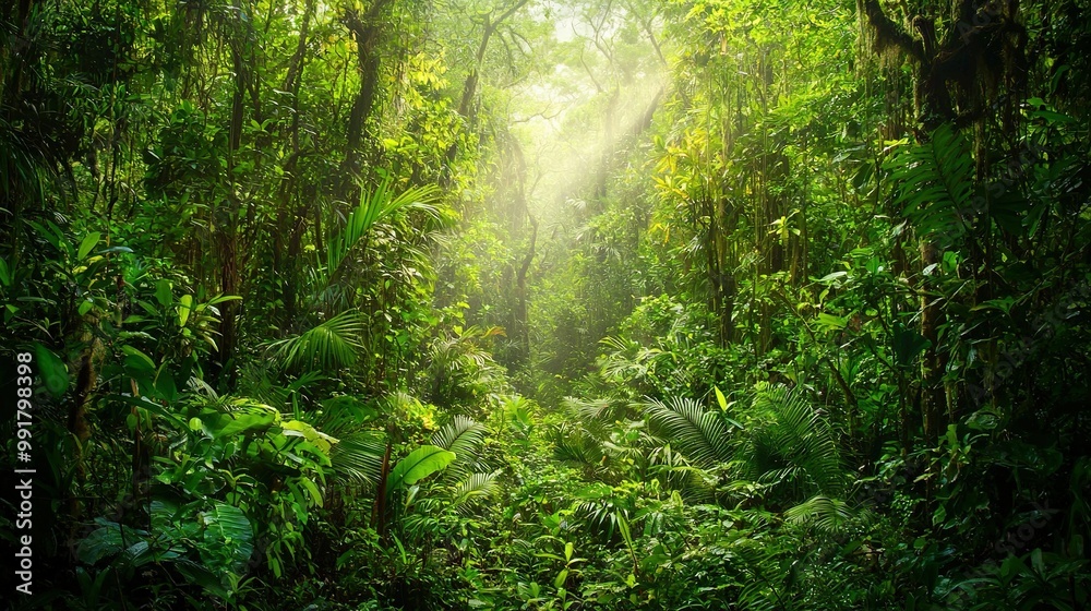 A verdant forest brims with myriad trees and flora, as golden sunbeams pierce through the treetops' canopy A verdant forest brims with myriad trees and flora, as golden sunbeams pierce through the treetops' canopy