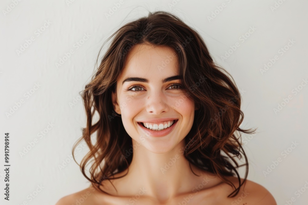 Dark brown hair woman with smooth hair, on a white background, elegant look. Dark brown hair woman with smooth hair, on a white background, elegant look.