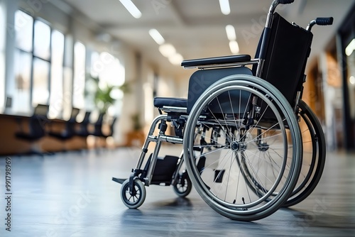 A person using a motorized wheelchair in a business meeting, modern office, inclusive environment, professional atmosphere photo