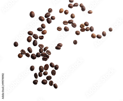 Falling coffee beans isolated on white background with clipping path