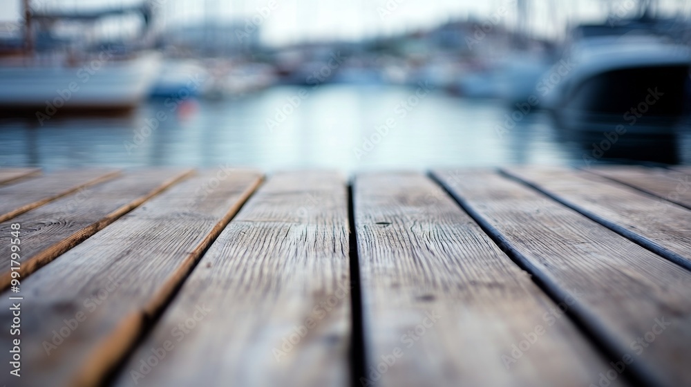 Wooden planks on an empty dock overlooking calm water and distant boats in a tranquil urban setting Wooden planks on an empty dock overlooking calm water and distant boats in a tranquil urban setting