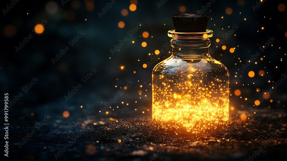 A glass bottle with a cork lid filled with glowing light on a dark background. A glass bottle with a cork lid filled with glowing light on a dark background.