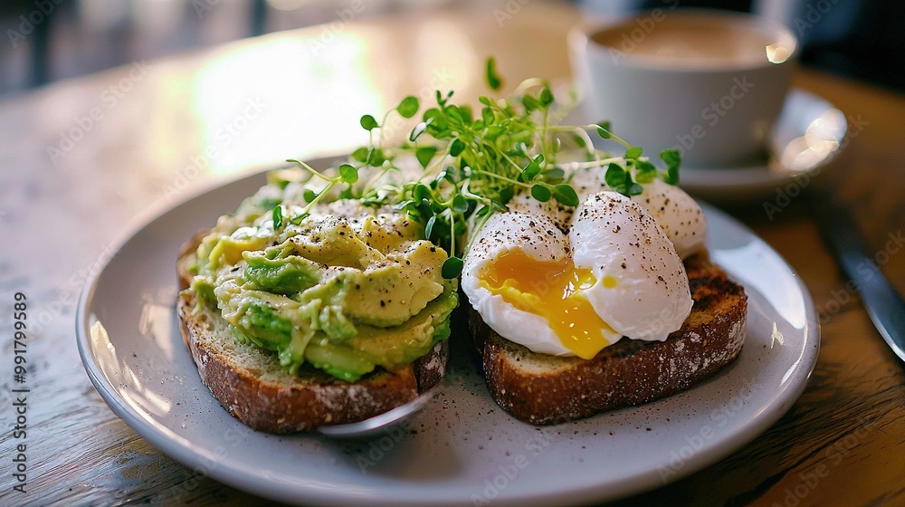 A close-up image of a plate featuring an egg and avocado on top of toasted bread, accompanied by a steaming cup of coffee A close-up image of a plate featuring an egg and avocado on top of toasted bread, accompanied by a steaming cup of coffee