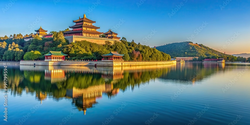 Naklejka premium water, destination, lake, historic, Chinese, Beijing, architecture, blue sky, palace, tourist attraction, travel,summer palace, The Summer Palace in Beijing with blue sky reflected