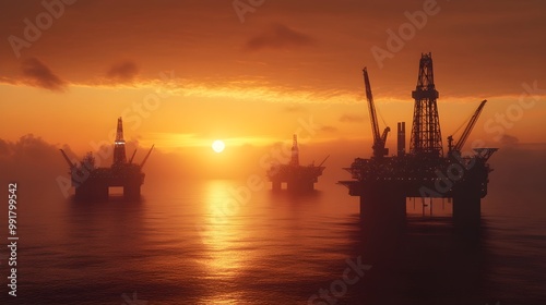 Panoramic seascape with oil rigs under glowing sunset picture