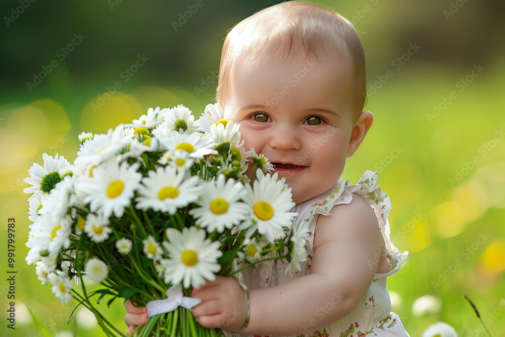 baby holding a large bouquet of daisies, with bright, colorful flowers in the background, child gifts flowers to his mother baby holding a large bouquet of daisies, with bright, colorful flowers in the background, child gifts flowers to his mother