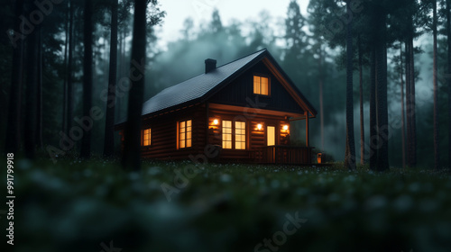 A cozy log cabin nestled in a forest, glowing with warm lights from the windows and a porch, with mist rising in the background, leaving plenty of room for copy space in the upper