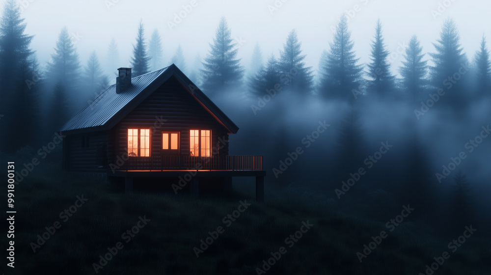 A cozy log cabin nestled in a forest, glowing with warm lights from the windows and a porch, with mist rising in the background, leaving plenty of room for copy space in the upper A cozy log cabin nestled in a forest, glowing with warm lights from the windows and a porch, with mist rising in the background, leaving plenty of room for copy space in the upper