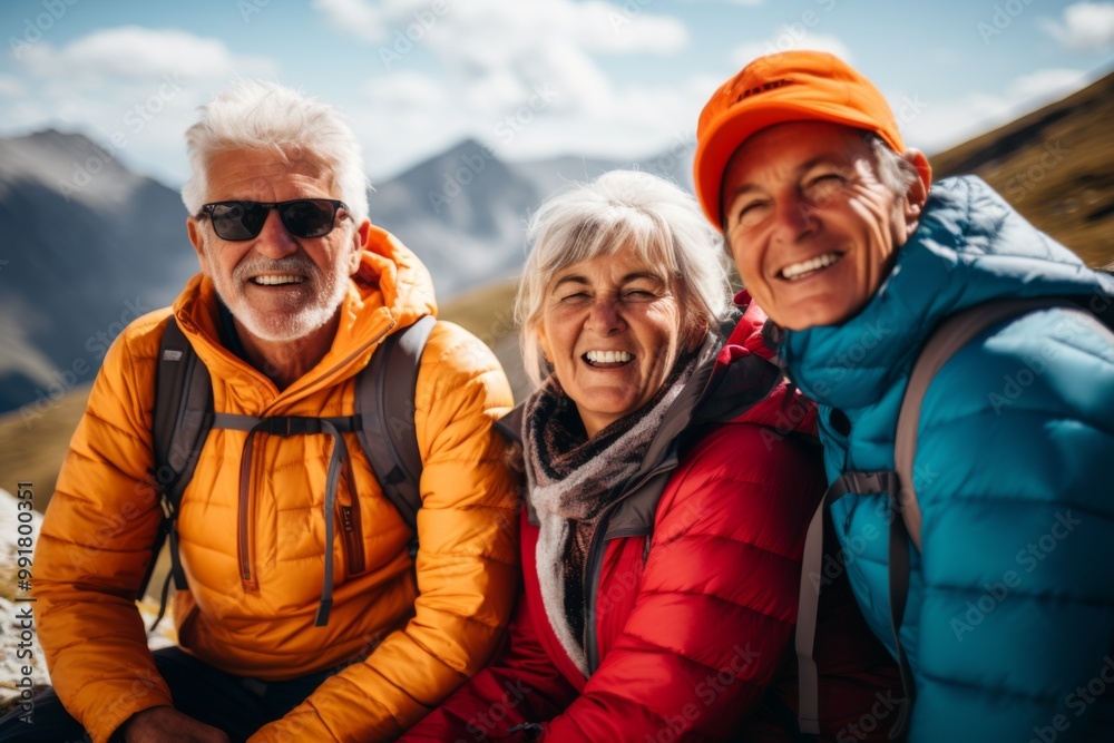 Group portrait of senior friends enjoying hiking in mountains Group portrait of senior friends enjoying hiking in mountains