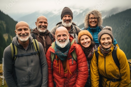 Group portrait of senior friends enjoying hiking in mountains