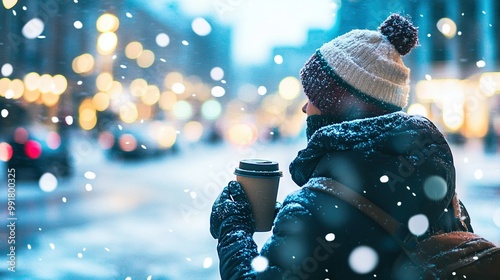  A person standing in the snow with a cup of coffee while gazing at the street covered in falling snow