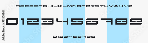 Futuristic angular font, sharp minimal numbers and letters, geometrical typeset for tech branding, sci-fi themes, user interfaces. Precise, sleek lines emphasize innovation and cutting-edge design