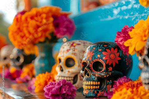 Two skulls on a Day of the Dead-themed tablecloth: one adorned with metallic flowers, the other hollow with a lit candle inside. Surrounded by orange