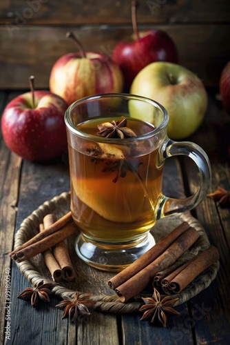 Warm spiced apple cider with cinnamon sticks beside fresh apples.
