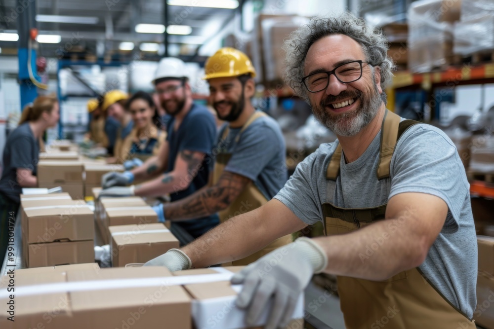 Smiling group of factory workers packaging product at conveyor belt Smiling group of factory workers packaging product at conveyor belt