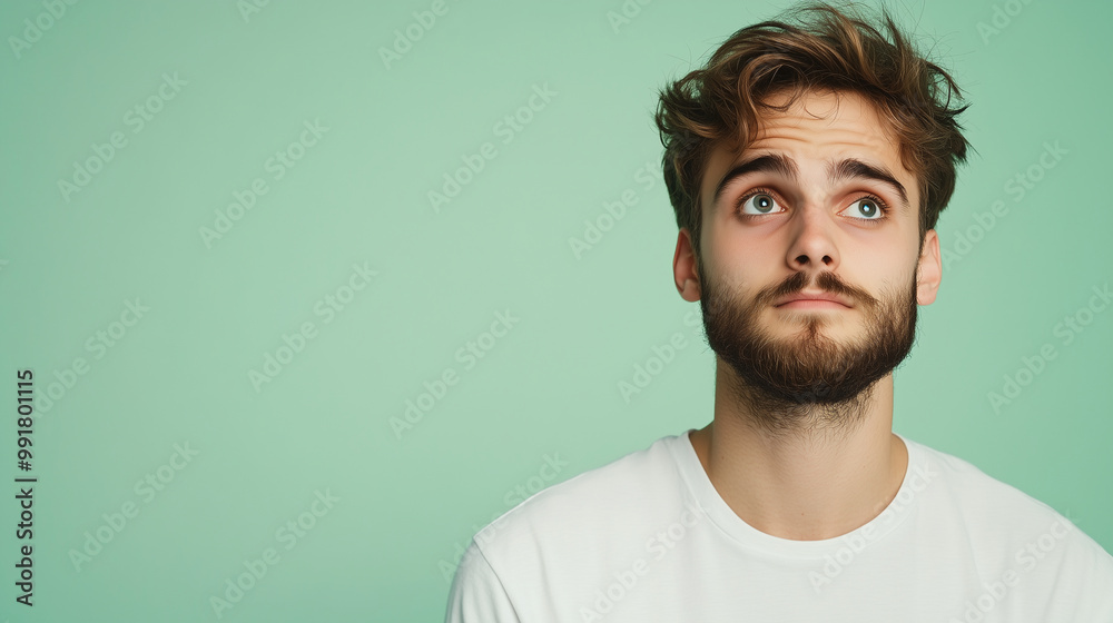 A weary young man with a scruffy beard, his eyes heavy with fatigue, isolated on a pale pastel background that fades softly, leaving space for text to the side. A weary young man with a scruffy beard, his eyes heavy with fatigue, isolated on a pale pastel background that fades softly, leaving space for text to the side.