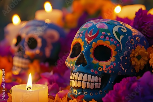 Two skulls on a Day of the Dead-themed tablecloth: one adorned with metallic flowers, the other hollow with a lit candle inside. Surrounded by orange