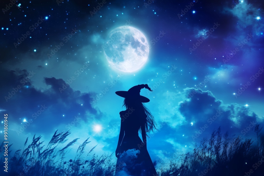 A witch in a hat stands under a glowing full moon surrounded by stars and clouds on a magical night A witch in a hat stands under a glowing full moon surrounded by stars and clouds on a magical night