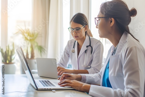 A doctor and a patient having a virtual consultation on a laptop, modern healthcare technology, clean minimalist room, soft natural lighting