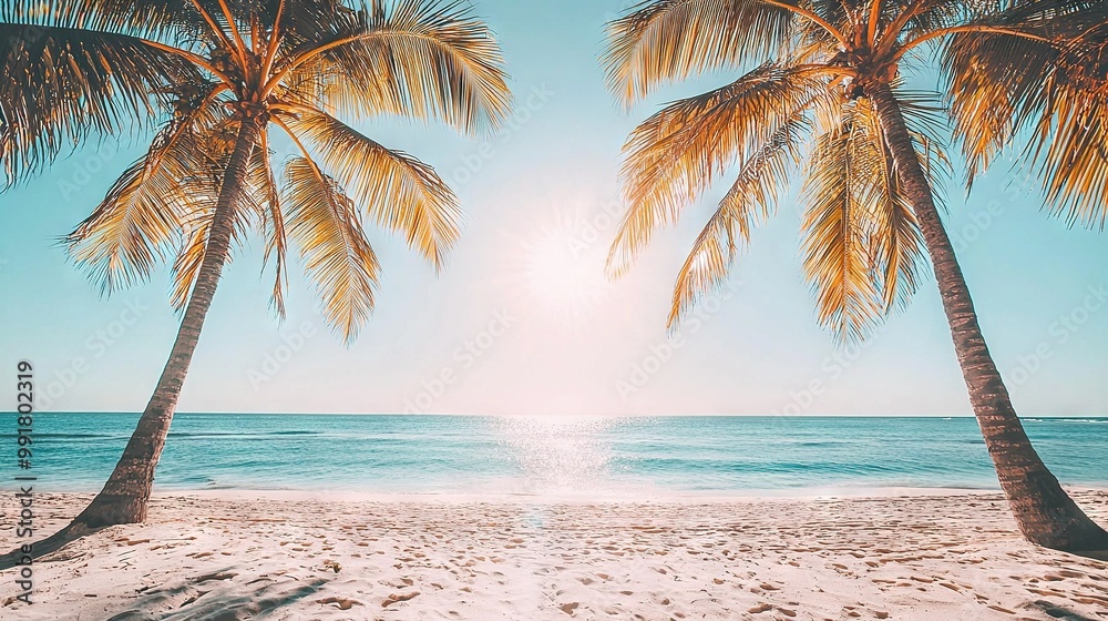Fototapeta premium Two palm trees sway on a beach as sunlight filters through their leaves, framing a stunning view of the sparkling ocean