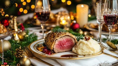 Festive Holiday Table with Beef Wellington, Sparkling Wine, and Holly Sprigs photo