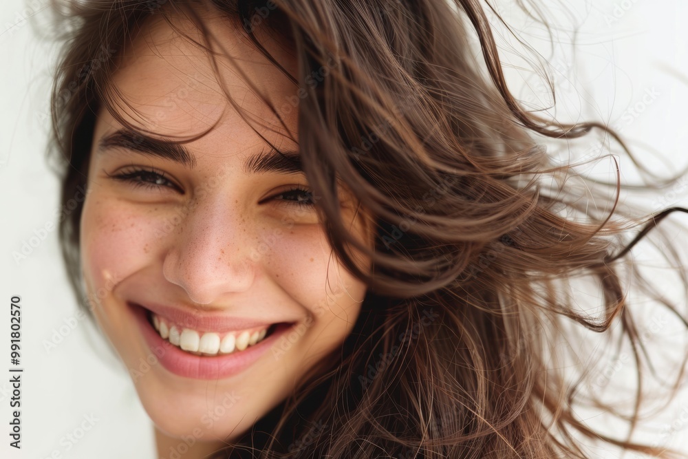 Dark brown hair woman portrait on white background, focusing on beauty and wellness. Dark brown hair woman portrait on white background, focusing on beauty and wellness.