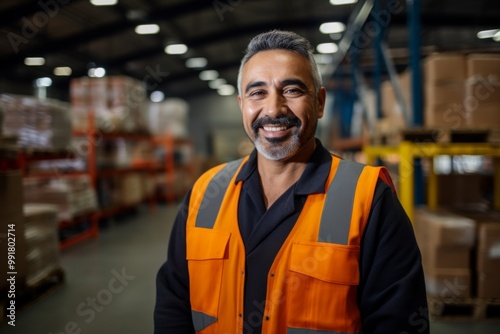 Portrait of a hispanic middle aged male warehouse worker