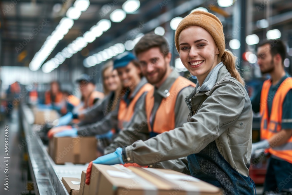Fototapeta premium Smiling group of factory workers packaging product at conveyor belt
