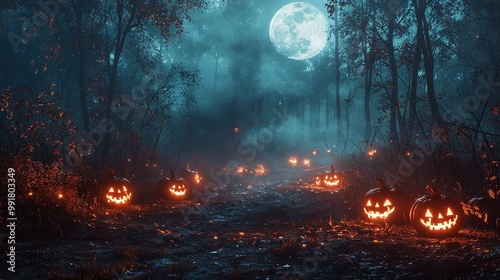  A path in the woods lined with Jack-o'-lantern pumpkins under a full moon