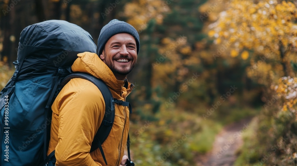 A happy traveler hikes through vibrant autumn leaves enjoying natures peace A happy traveler hikes through vibrant autumn leaves enjoying natures peace