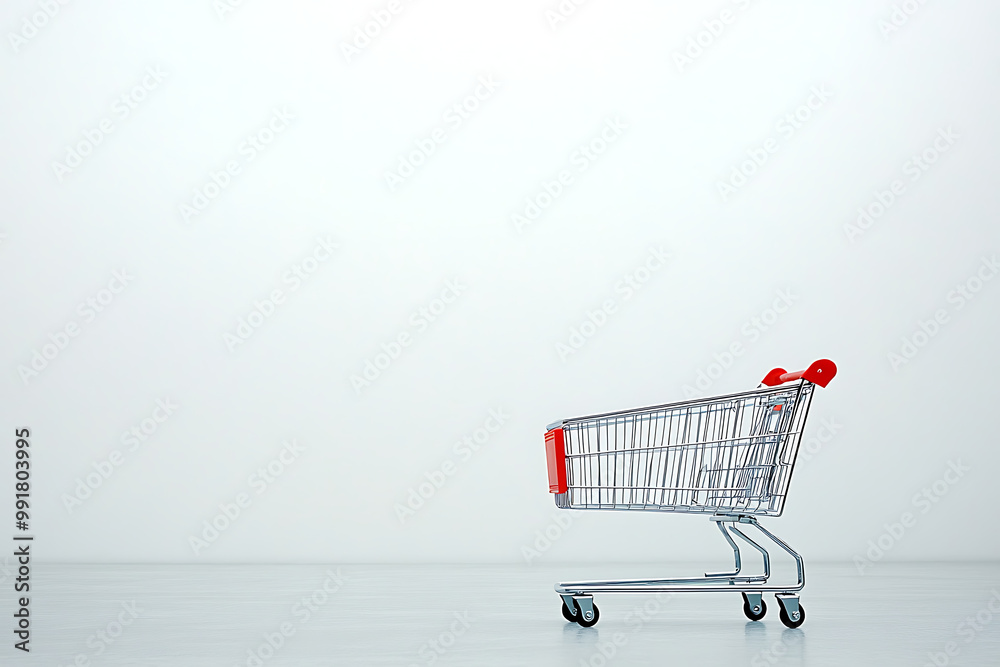 Empty Shopping Cart: A lone, empty shopping cart against a minimalist backdrop, symbolizing resisting consumerism and overconsumption. Empty Shopping Cart: A lone, empty shopping cart against a minimalist backdrop, symbolizing resisting consumerism and overconsumption.
