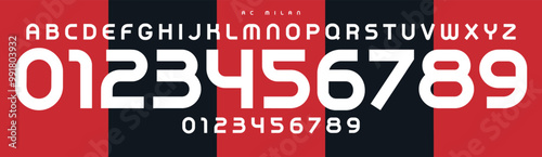 Modern sports font, bauhaus smooth curves, bold geometric numbers and letters, sleek athletic alphabet for sports branding, jersey numbers, team merchandise. Vector typeset