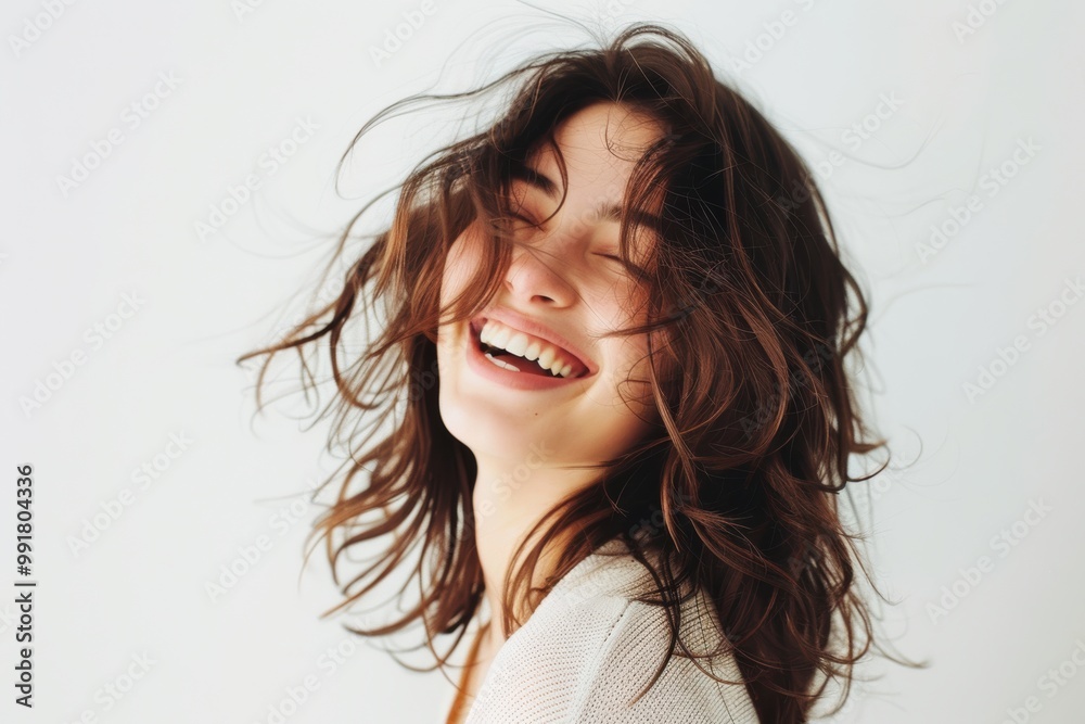 Dark brown haired woman on a white background, glowing skin and smooth hairstyle. Dark brown haired woman on a white background, glowing skin and smooth hairstyle.