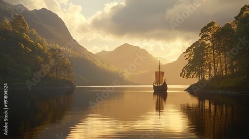   A lush green forest covers the foot of a towering mountain The summit is enveloped in a cloudy sky, while a boat floats tranquilly atop the lake below