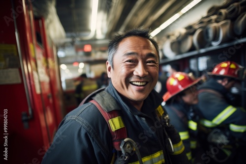 Smiling portrait of a middle aged Asian male firefighter at station