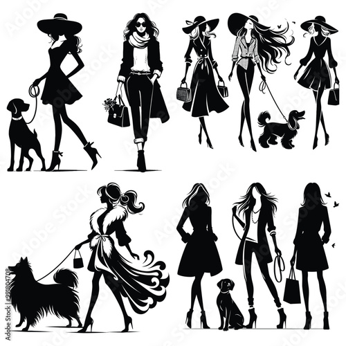 Fashionable women walking dogs, silhouette style, black and white vector, perfect for fashion design